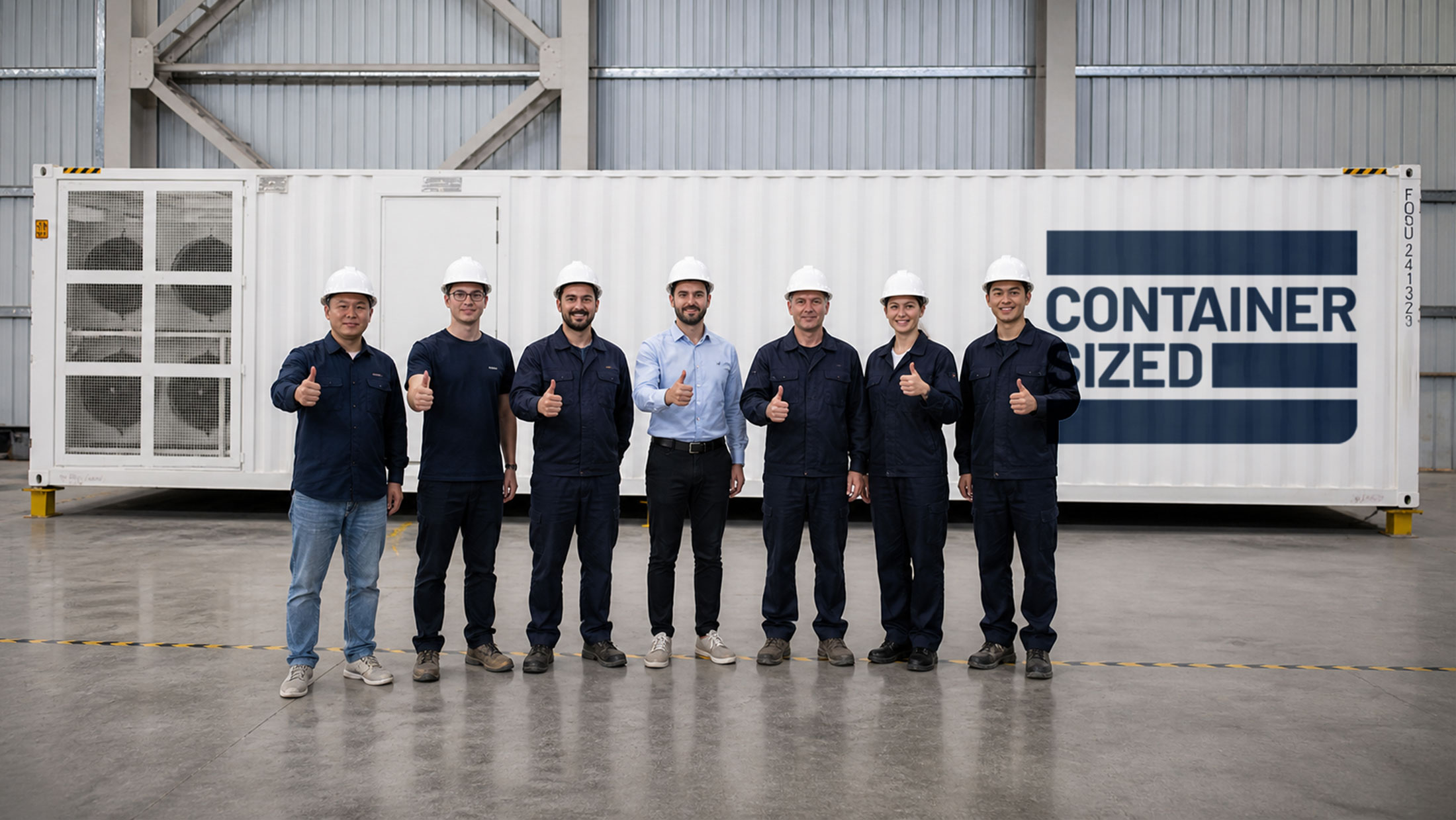 Engineering and fabrication team standing in front of a containerized modular infrastructure unit