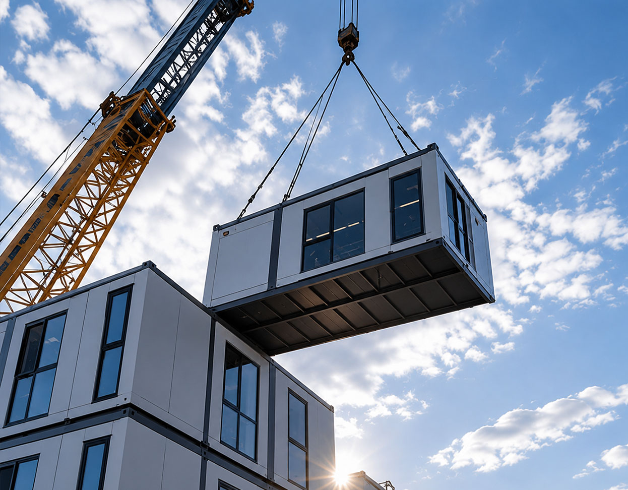 Crane installing a prefabricated modular container structure on site