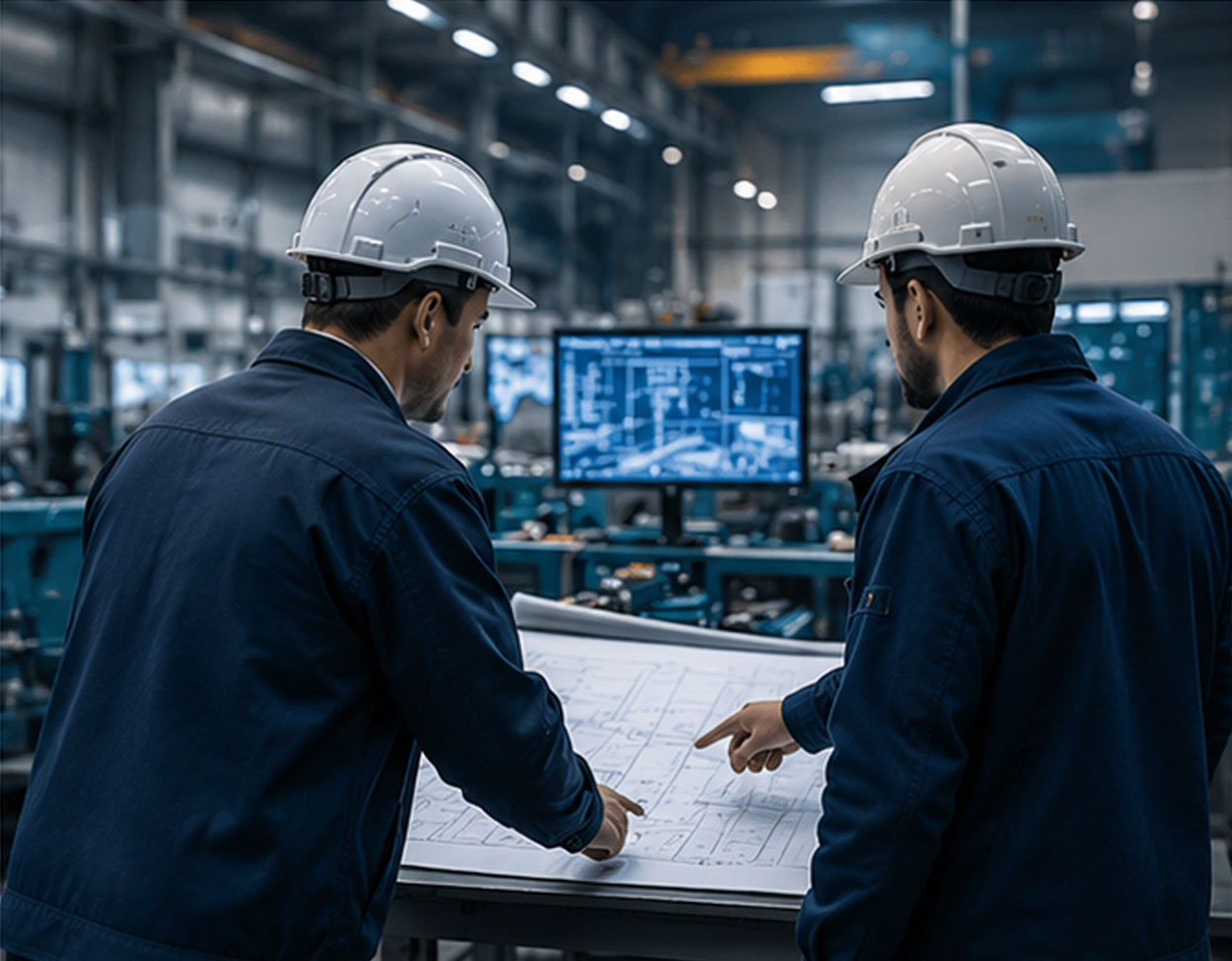 Engineers reviewing modular infrastructure and containerized system designs